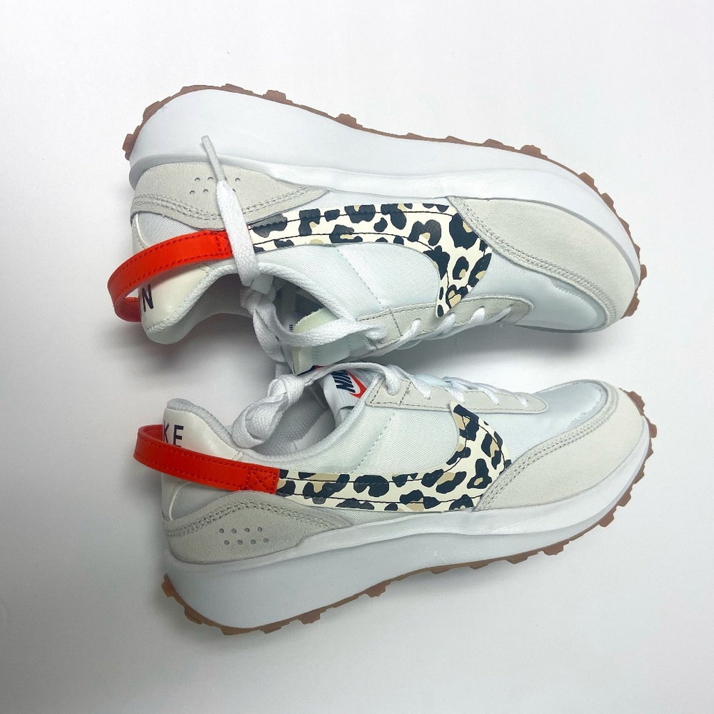 Nike Women’s White Sneakers with Black Leopard Swoosh and Orange Heel Tab